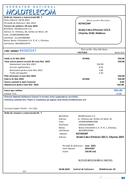 Download Moldtelecom utility business bill, SCR Photoshop template